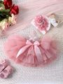 Baby Girls' Mesh Tutu Skirt And Rose Flower Headband Set, Perfect For Newborn Photography