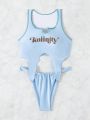 SHEIN Swim Y2GLAM One Piece Swimsuit With Hollow Out And Letter Pattern