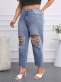 SHEIN Privé Plus Size Women's Straight Leg Ripped Denim Jeans