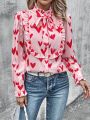 Heart-shaped Printed Ruffle Trim Blouse