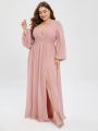 Plus Plunging Neck Lantern Sleeve Split Thigh Bridesmaid Dress