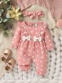 Newborn Baby Girls' Heart Print Jumpsuit With Bowknot Decor And Matching Headband