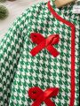 Young Girl Houndstooth Print Bow Front Jacket & Fold Pleated Skirt