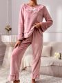 Contrast Lace Ruffle Trim Flounce Sleeve Bow Front Flannelette PJ Set