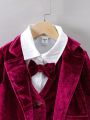 SHEIN Kids Academe Young Boy Flap Detail Long Sleeve Velvet Blazer With Trousers And Long Sleeve Shirt With Bow Tie Jacket Without Waistcoat