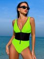 SHEIN Swim SPRTY Women'S Deep V-Neck Color Block One-Piece Swimsuit