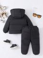 SHEIN Unisex Baby Winter Thick Hooded Coat And Pants Set, Black