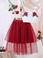 Teenage Girls' Romantic Rose Embroidery Design Cami Top And Fluffy Mesh Layered Skirt Outfit