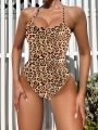 SHEIN Swim BAE Women's Solid Color And Leopard Printed One-piece Swimsuit With Matching Cover-up Set