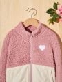 SHEIN Kids EVRYDAY Girls' Contrast Color Stand Collar Heart Embroidered Loose Fleece Casual Jacket