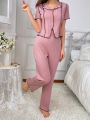 Women's Colorblock Short Sleeve Shirt And Long Pants Casual Suit