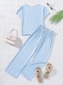 Girls' Spring And Summer Rib Knitted Short-Sleeved Wide-Leg Pants Suit