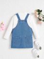 SHEIN Little Girls' New Casual Loose Comfortable Denim Overall Dress In Blue With Cute Unicorn Print