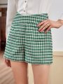 Anewsta Women's Green Plaid High Waist Crisscross Short Pants