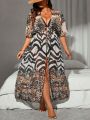 SHEIN Swim Classy Plus Size Animal Print Belted Patchwork Kimono Dress