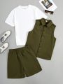 SHEIN Teen Boy'S Casual Cargo Style Vest With Pockets, Short Sleeve T-Shirt, Pocket Shorts Set