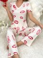 Lip Print V-Neck Pajama Set