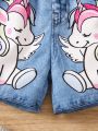 SHEIN Kids QTFun Young Girl Denim Effect Print Ruffle Waist Unicorn Print Shorts