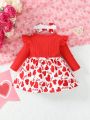 2pcs Infant Toddler Girls' Cute Heart & Cartoon & Letter Printed Round Neck Long Sleeve Dress With Bow Headband For Home Or Daily Wear