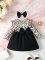 Baby Girls' Cute Leopard Print Round Neck Ruffle Trim Two-In-One Dress With Bowknot Waistband And Hairband, Casual
