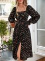 SHEIN Frenchy Valentine's Day Dress,French Floral Square-Neck Pleated Bubble Long-Sleeve Split Dress For The Summer