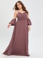 Plus Cold Shoulder Lantern Sleeve Ruched Waist Maxi Bridesmaid Dress