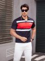 Men'S Letter Print Color Block Short Sleeve Polo Shirt