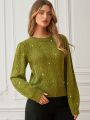 SHEIN Frenchy Rhinestone & Bead Decor Fabric Patched Long Sleeve Sweater