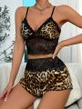 Leopard Print Contrast Lace Satin PJ Set