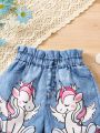 SHEIN Kids QTFun Young Girl Denim Effect Print Ruffle Waist Unicorn Print Shorts