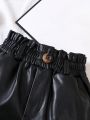 SHEIN Kids CHARMNG Girls' Woven Solid Color Pu Leather Loose Casual Shorts