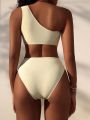 SHEIN Swim Vcay Ladies' Solid Color Ruffled Asymmetric One Shoulder Bikini Swimsuit Set