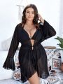 SHEIN Swim Chicsea Plus Size Women's Lotus Leaf Sleeve Drawstring Waist Kimono