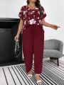 SHEIN LUNE Plus Floral Print Batwing Sleeve Top & Knot Front Pants