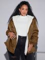 SHEIN CURVE+ Plus Dual Pocket Fuzzy Lined Hooded Quilted Coat