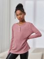 SHEIN Kids Cooltwn Girls' Fashionable Elegant Knitted Solid Color Crew Neck Long Sleeve Top