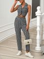 SHEIN Frenchy Houndstooth Vest Blazer And Trousers Suit Set