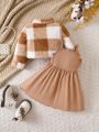 Baby Girls' Plaid Corduroy Short Jacket With Suspender Dress, Autumn