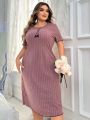 Plus Size Women's Round Neck Hollow Out Striped Short Sleeve Nightdress