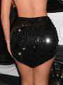 SHEIN SXY Gorgeous Women's Black Shiny Sheer Mesh Sequins Sexy Nightclub Irregular Shiny ElegantMini High Waist Hip Bodycon Skirt