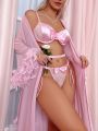 Fuzzy Trim Belted Mesh Robe Without Lingerie Set