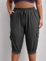 Plus Flap Pocket Side Drawstring Waist Capri Sports Pants