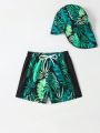 Baby Boy Tropical Print Swim Shorts With Swim Cap