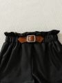 Baby Girl Faux Leather Craft Matching With Leather Buckle Strap Shorts And Cap