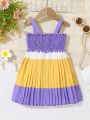 SHEIN Baby Girl'S Summer Vacation Shirred Color Block Sundress With Ruffle Straps