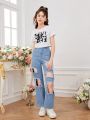 Teenage Girls' Vintage Street Style Cool Ripped Wide Leg Jeans With Comfortable Fit And Casual Feeling, Fashionable Sunglasses, Hot Girl Printed Short Tank Top