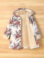 Young Girl Floral Print Thermal Lined Hooded Coat