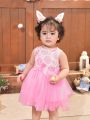 SHEIN Baby Girls' Cute And Fun Printed Mesh Patchwork Sleeveless Dress