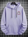 Extended Sizes Men Plus Mushroom & Slogan Graphic Kangaroo Pocket Drawstring Hoodie