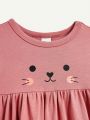 Cozy Cub Baby Girl Cartoon Little Rabbit Pattern Ruffled Round Neckline Empire Waist Dress Set